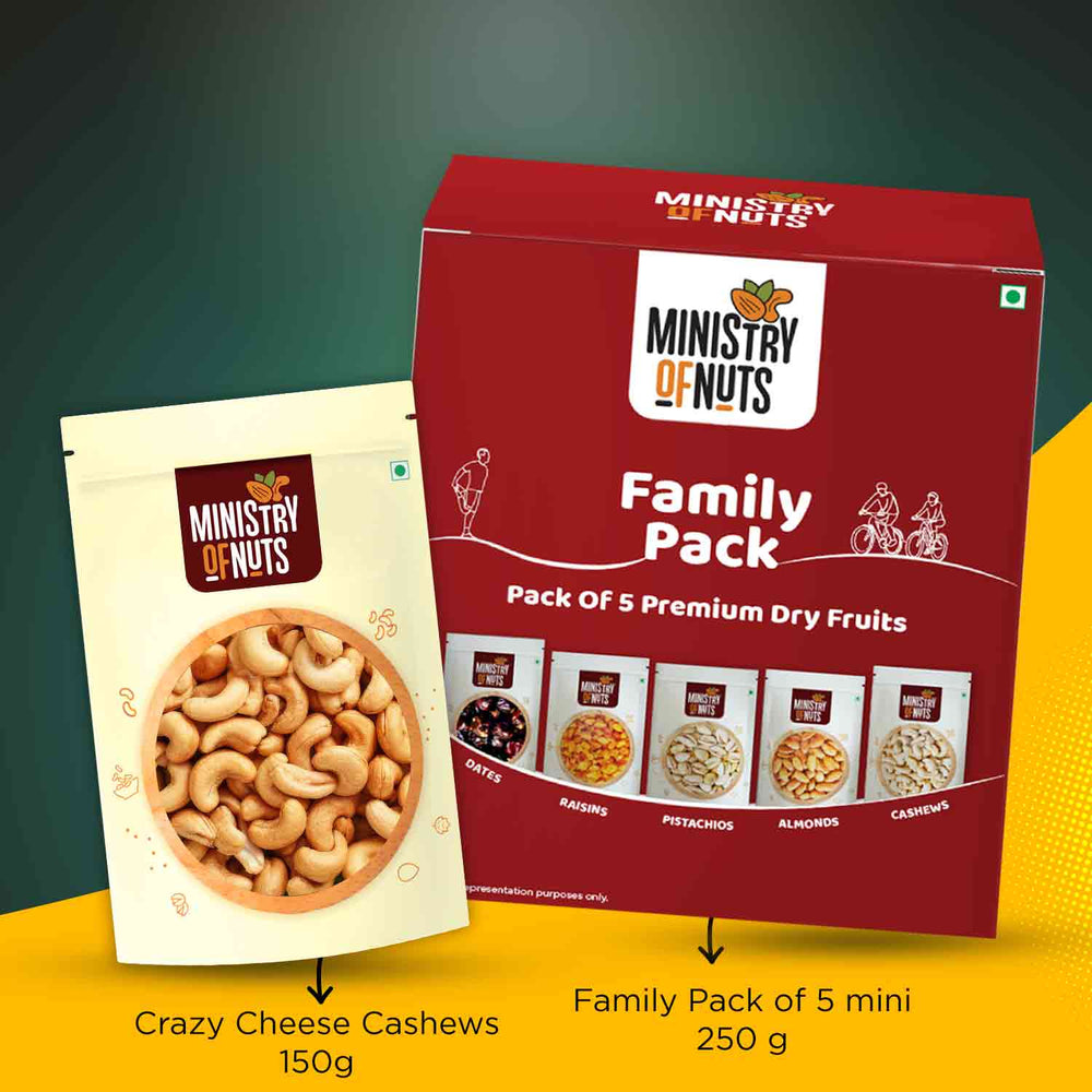 W (July27) Family Pack Of 5 Premium Dry Fruits Mini (250g) & Crazy Cashews Cheese Flavour (150g)