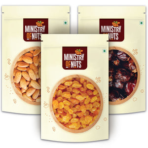 
            
                Load image into Gallery viewer, W (SEP5)Pack of 3 California Almonds (200 g) + Seedless Raisins (200g) + Dates (200g) 600g
            
        