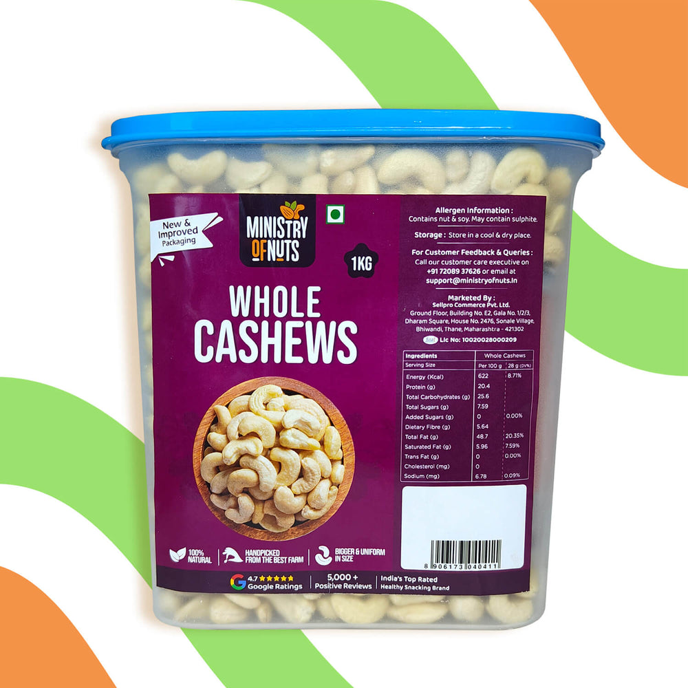 Premium Cashews 1 KG (Whole Cashews/Kaju) FREE Container