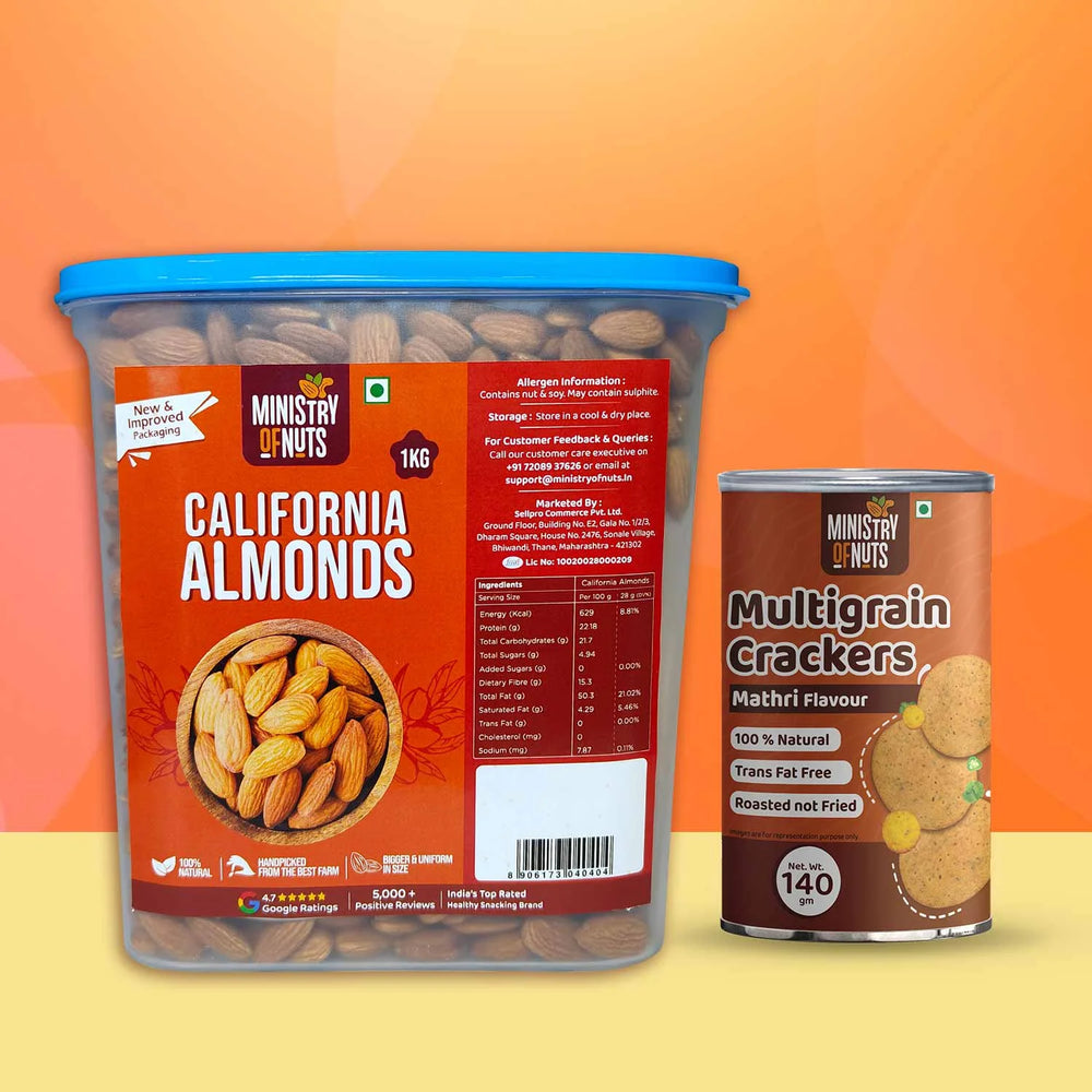 1 kg Almond container+Multigrain Crackers Mathri Flavour Plutos ONE