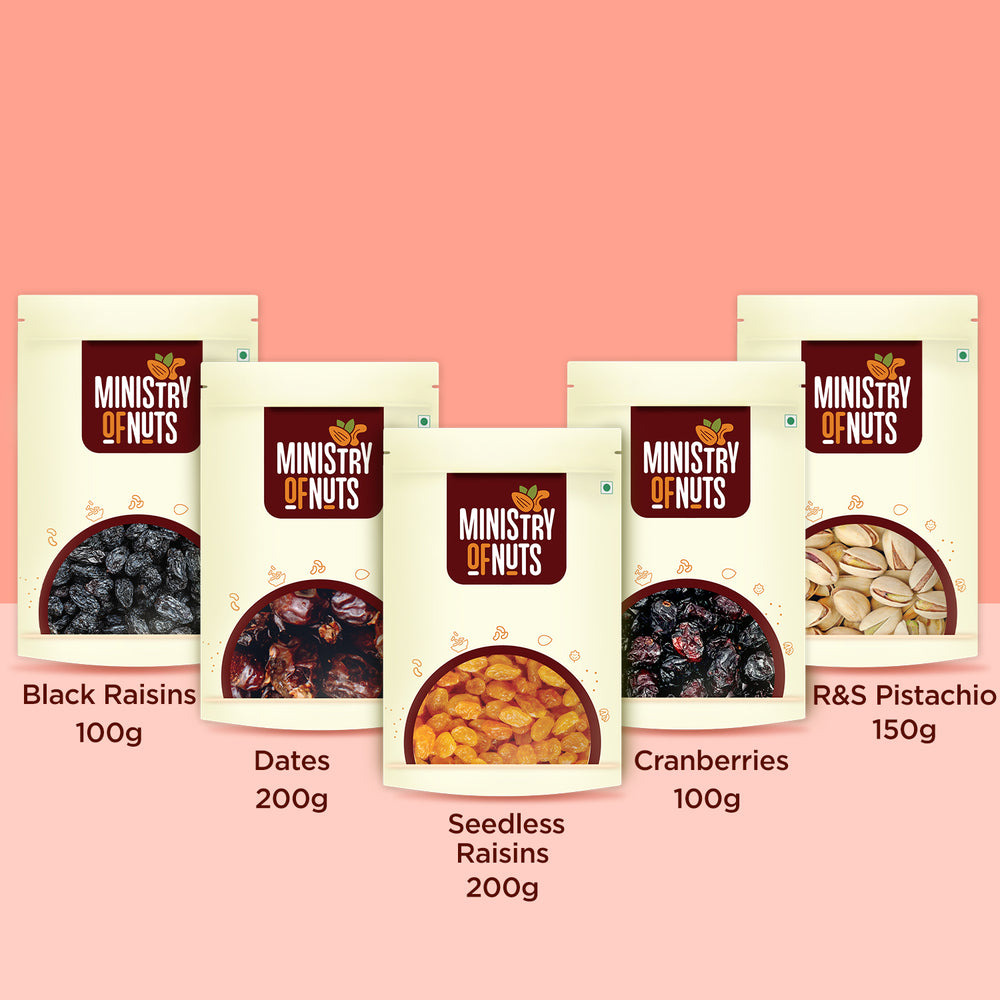 Pack Of 5 Black Raisins (100g), Dates (200g),  Seedless Raisins (200g), Cranberries (100g), Roasted & Salted Pista (150g) (CB2)