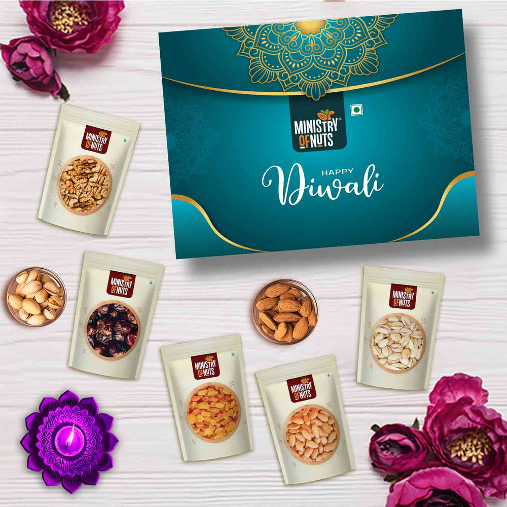 Family Pack of 5 Premium Dry Fruits I Blue | 750g with Blue Mandala Sleeves.