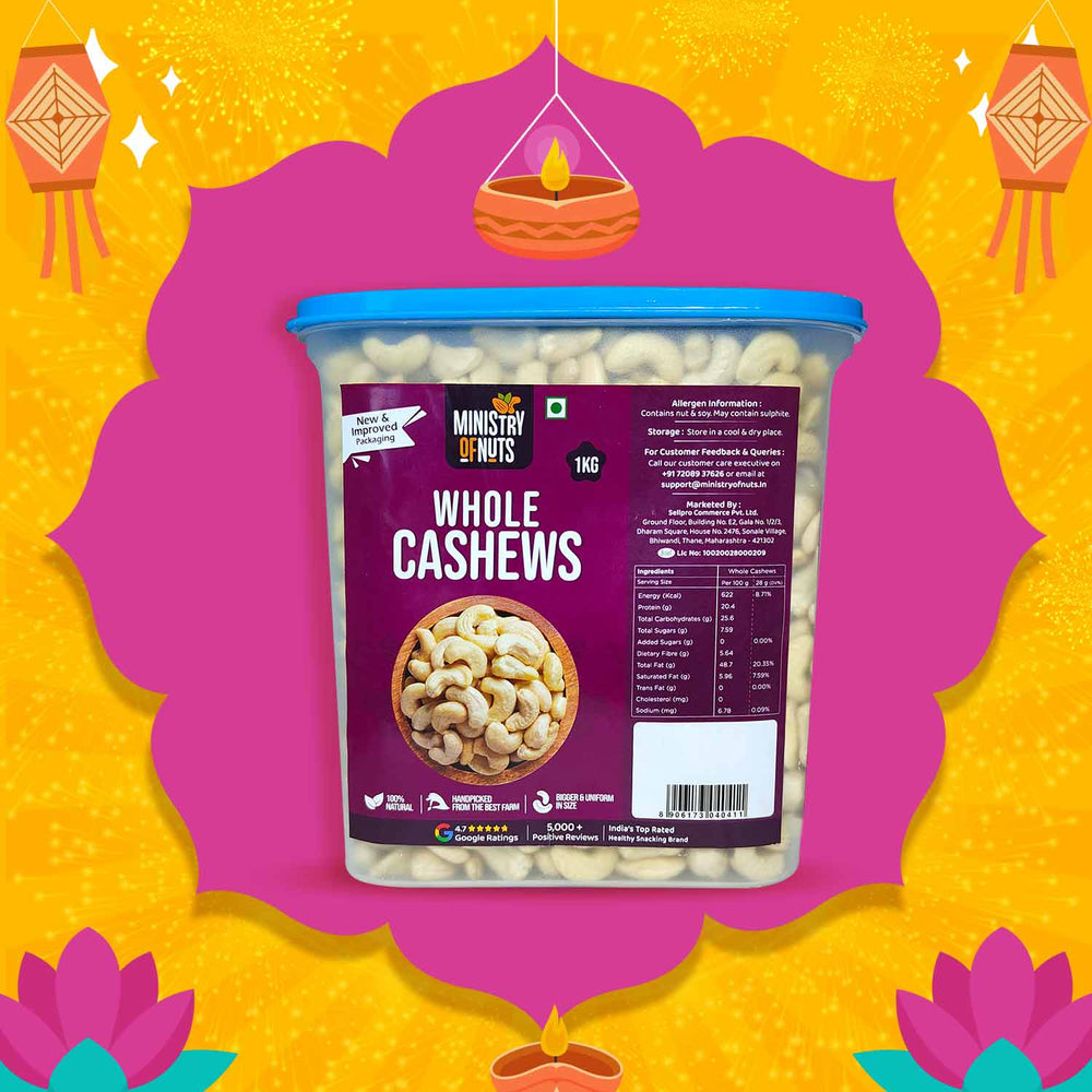 Premium Cashews 1 KG (Whole Cashews/Kaju) FREE Container