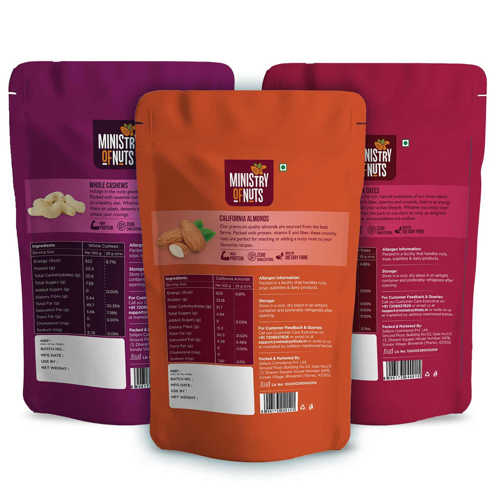 Ministry Of Nuts Pack of 3 Premium Dry Fruits California Almonds 200g, Whole Cashew Nuts 200g, Dates 200g Total 600g