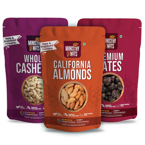 Ministry Of Nuts Pack of 3 Premium Dry Fruits California Almonds 200g, Whole Cashew Nuts 200g, Dates 200g Total 600g