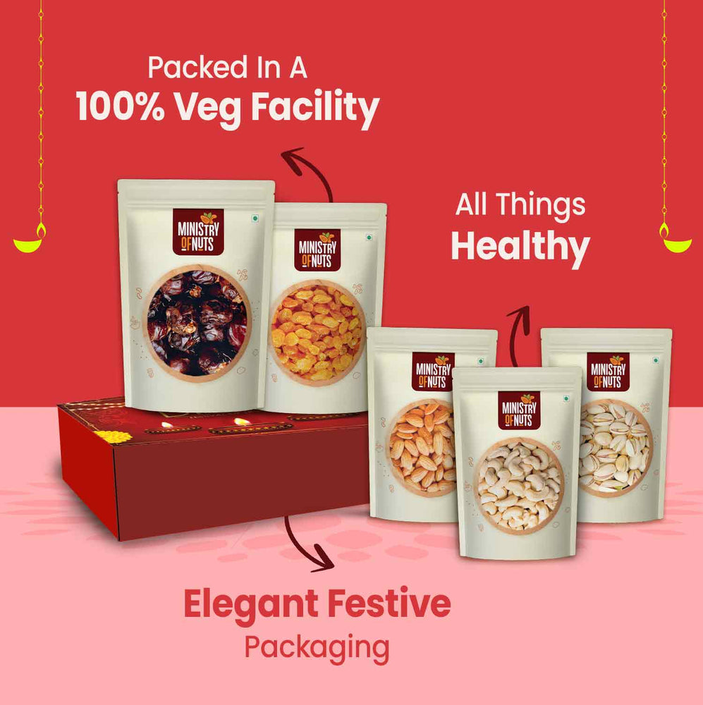 Family Pack of 5 Premium Dry Fruits I Red | 750g with Red Diya Sleeves.