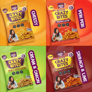 Ministry Of Nuts Pack Of 4 Crazy Bites Peri Peri Flavour Crazy Bites Cream and Onion Flavour  Crazy Bites Srirach & Lime Flavour Crazy Bites Cheddar Cheese Flavour Total 100gm