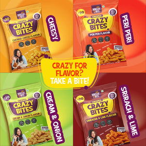 Ministry Of Nuts Pack Of 4 Crazy Bites Peri Peri Flavour Crazy Bites Cream and Onion Flavour  Crazy Bites Srirach & Lime Flavour Crazy Bites Cheddar Cheese Flavour Total 100gm