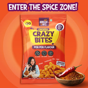 Ministry Of Nuts Pack Of 4 Crazy Bites Peri Peri Flavour Crazy Bites Cream and Onion Flavour  Crazy Bites Srirach & Lime Flavour Crazy Bites Cheddar Cheese Flavour Total 100gm