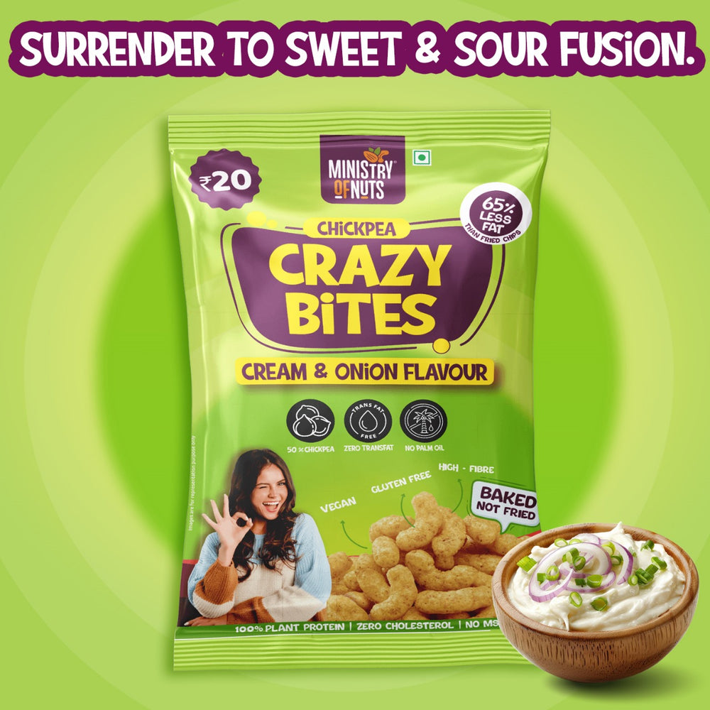 Ministry Of Nuts Pack Of 4 Crazy Bites Peri Peri Flavour Crazy Bites Cream and Onion Flavour  Crazy Bites Srirach & Lime Flavour Crazy Bites Cheddar Cheese Flavour Total 100gm