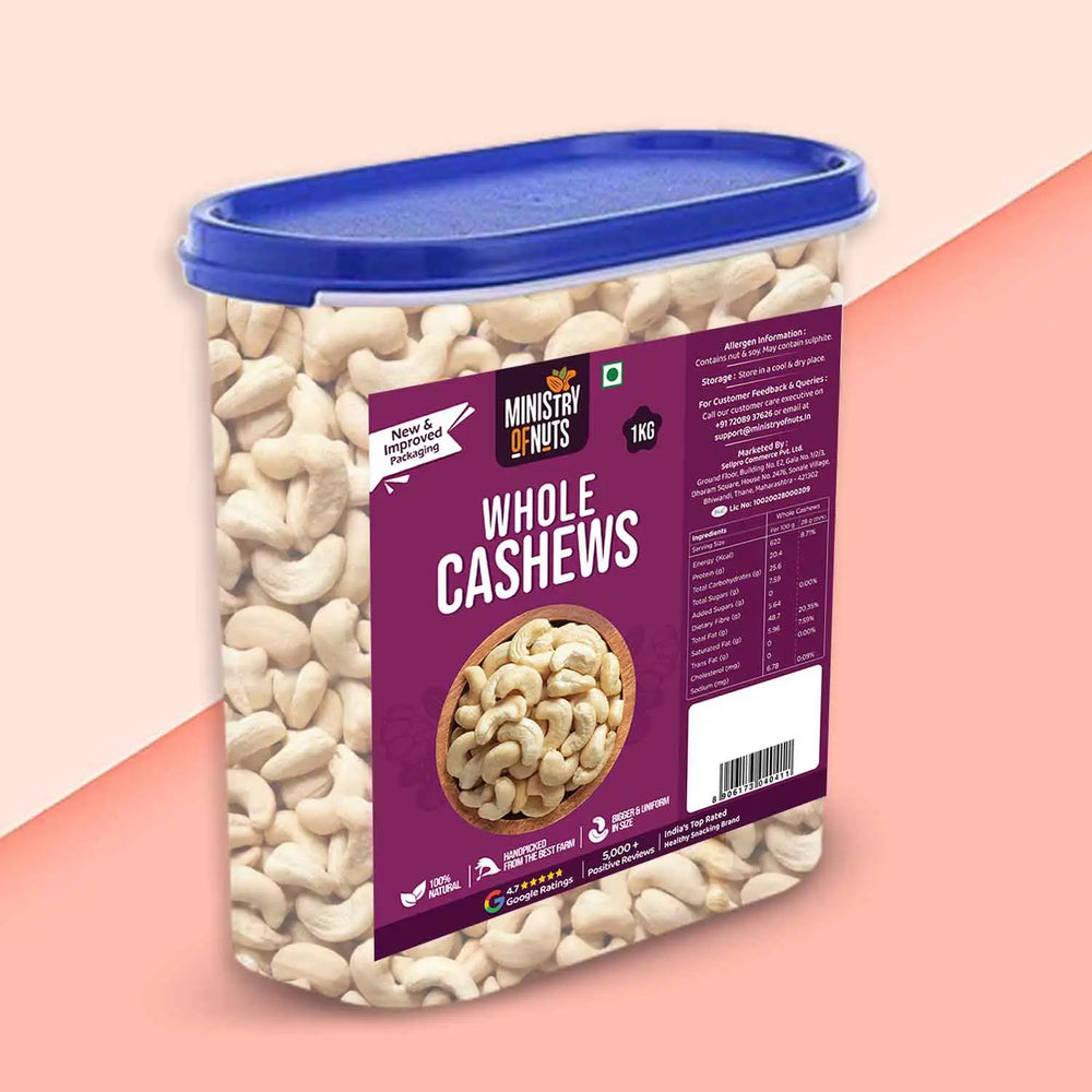 Premium Cashews 1 KG (Whole Cashews/Kaju) FREE Container(B)