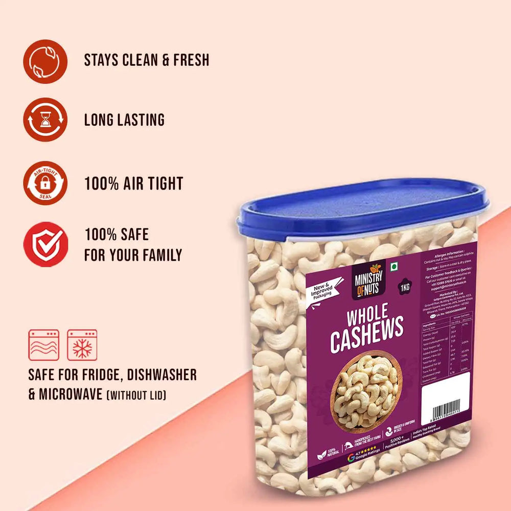 Premium Cashews 1 KG (Whole Cashews/Kaju) FREE Container(B)