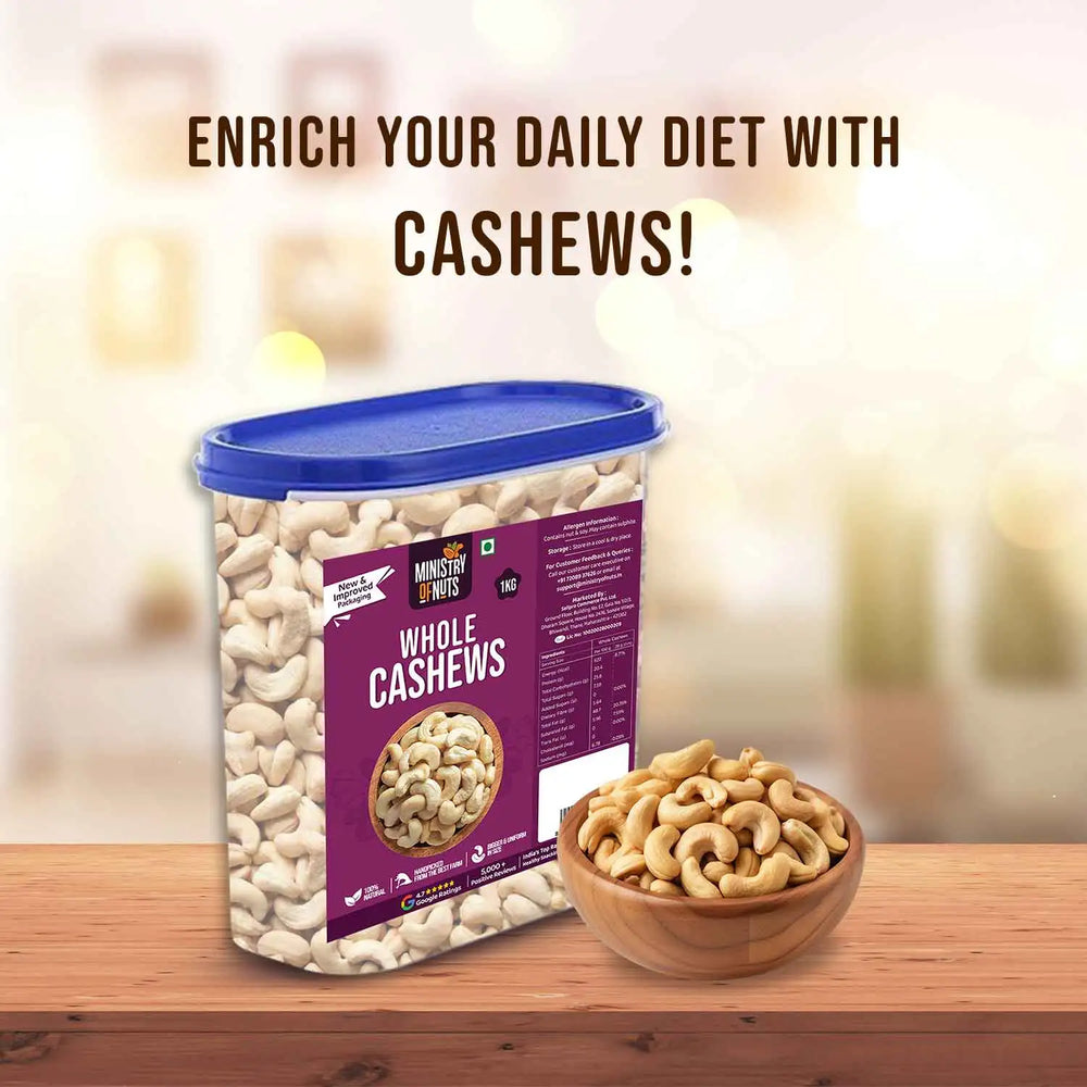 Premium Cashews 1 KG (Whole Cashews/Kaju) FREE Container(P)