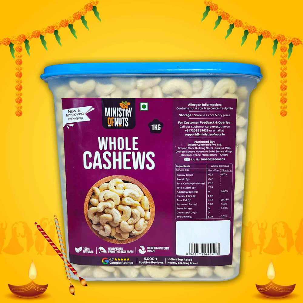 Premium Cashews 1 KG (Whole Cashews/Kaju) FREE Container