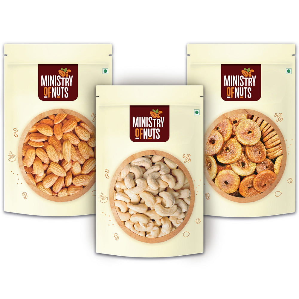 Pack of 3 California Almonds (200g) + Whole Cashew Nuts (200g) + Dried Figs (200g) 600g