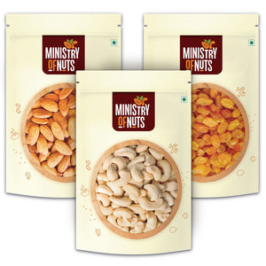 
            
                Load image into Gallery viewer, Pack of 3 California Almonds (200g) + Cashew Nuts (200g) + Seedless Raisins (200g)
            
        