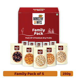 Family Pack of 5 Mini Premium Dry Fruits - California Almonds 50g, California Pistachios 50g Whole Cashew Nuts 50g, Seedless Raisins 50g & Omani Dates 50g Total 250G (#O_PO5MIN499_TB)