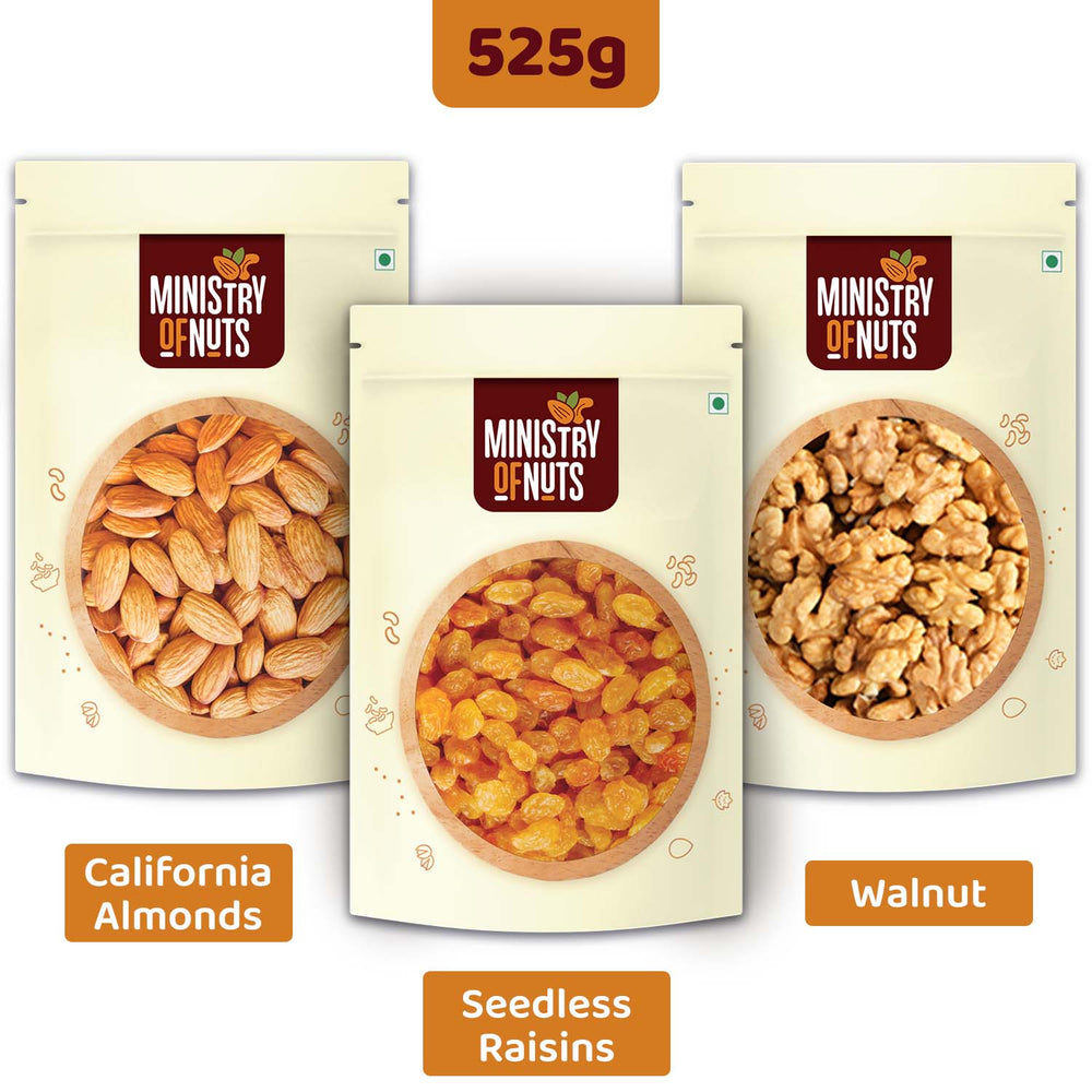 Pack of 3 California Almonds (200 g) + Seedless Raisins (200g) + Walnuts (125g) 525g
