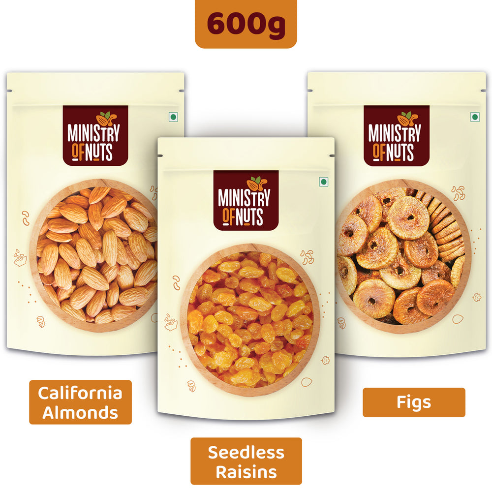 Pack of 3 California Almonds (200 g) + Seedless Raisins (200g) + Figs(200g) 600g