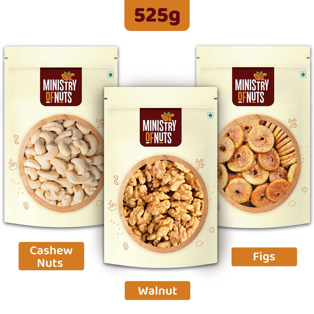 Pack of 3 Whole Cashew Nuts (200g) + Walnuts (125g) + Figs(200g) 525g