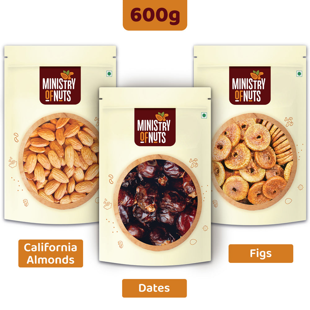 Pack of 3 California Almonds (200g) + Dates (200g) + Dried Figs (200g) 600g