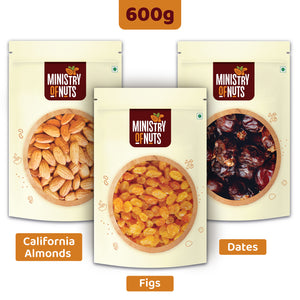 Pack of 3 California Almonds (200 g) + Seedless Raisins (200g) + Dates (200g) 600g