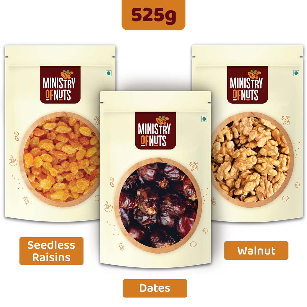 
            
                Load image into Gallery viewer, Pack of 3 Seedless Raisins (200g) + Dates (200g) + Walnuts (125g) 525g
            
        