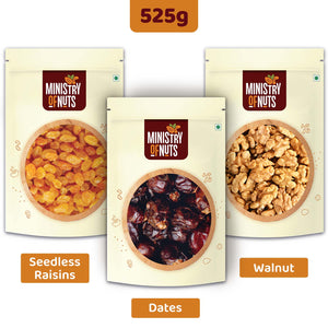 Pack of 3 Seedless Raisins (200g) + Dates (200g) + Walnuts (125g) 525g