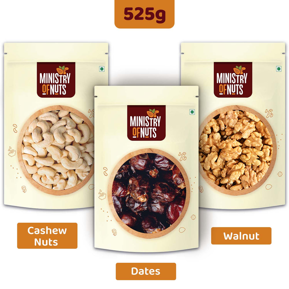 Pack of 3 Whole Cashew Nuts (200g) + Dates (200g) + Walnuts (125g) 525g