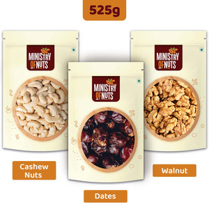 Pack of 3 Whole Cashew Nuts (200g) + Dates (200g) + Walnuts (125g) 525g