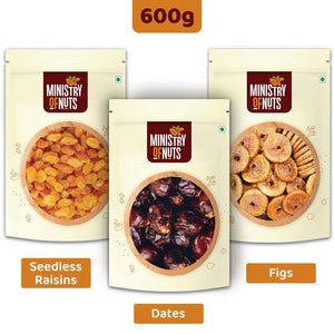 
            
                Load image into Gallery viewer, Pack of 3 Seedless Raisins (200g) + Dates (200g)+ Figs (200g) 600g
            
        