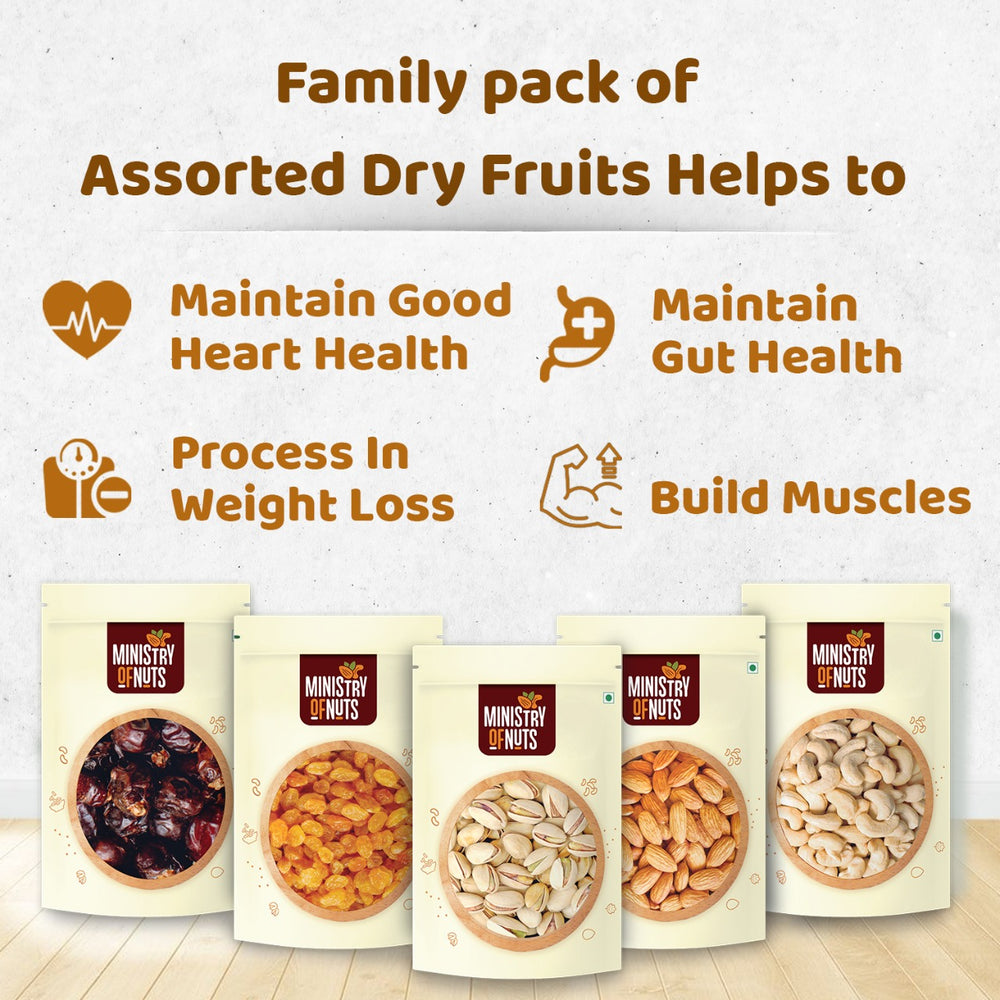 Family Pack of 5 Mini Premium Dry Fruits - California Almonds 50g, California Pistachios 50g Whole Cashew Nuts 50g, Seedless Raisins 50g & Omani Dates 50g Total 250G (#O_PO5MIN499_TB)