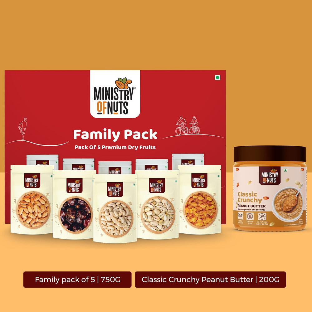 (SA) Family Pack of 5 Premium Dry fruits 750G + Classic Crunchy Peanut Butter 200G