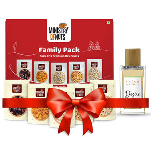 (W) Family Pack Of 5 Premium Dry Fruits I Almonds, Raisins, Pistachios, Whole Cashew Nuts, Dates I 750g + Arias Desire Perfume 50ml