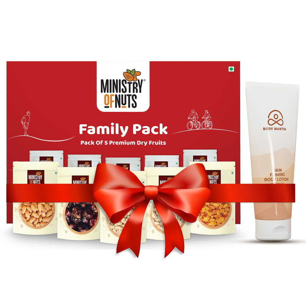 Family Pack Of 5 Premium Dry Fruits I Almonds, Raisins, Pistachios, Whole Cashew Nuts, Dates I 750g + Body Mantra Skin Firming Body Lotion 200ml